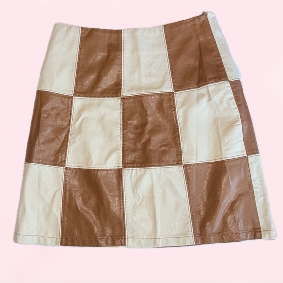 FRNCH Dresses & Skirts - FRNCH Paris Women's Faux Leather Brown & Beige‎ Checkered Skirt Size M